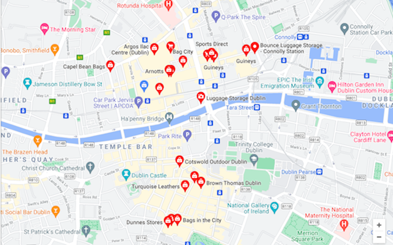 Mapa de lojas de malas de viagem em Dublin